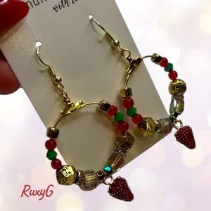 586. Gold and Red Beaded Strawberry 🍓 Hoop Earrings